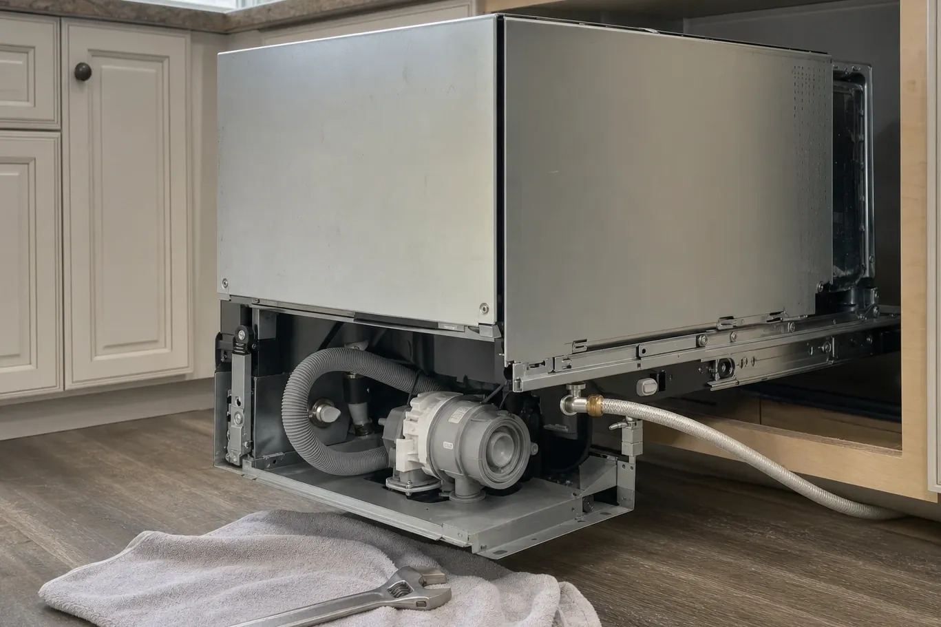 Dishwasher slid out of its cabinet opening with the underside exposed — circulation pump, corrugated drain hose and braided supply line