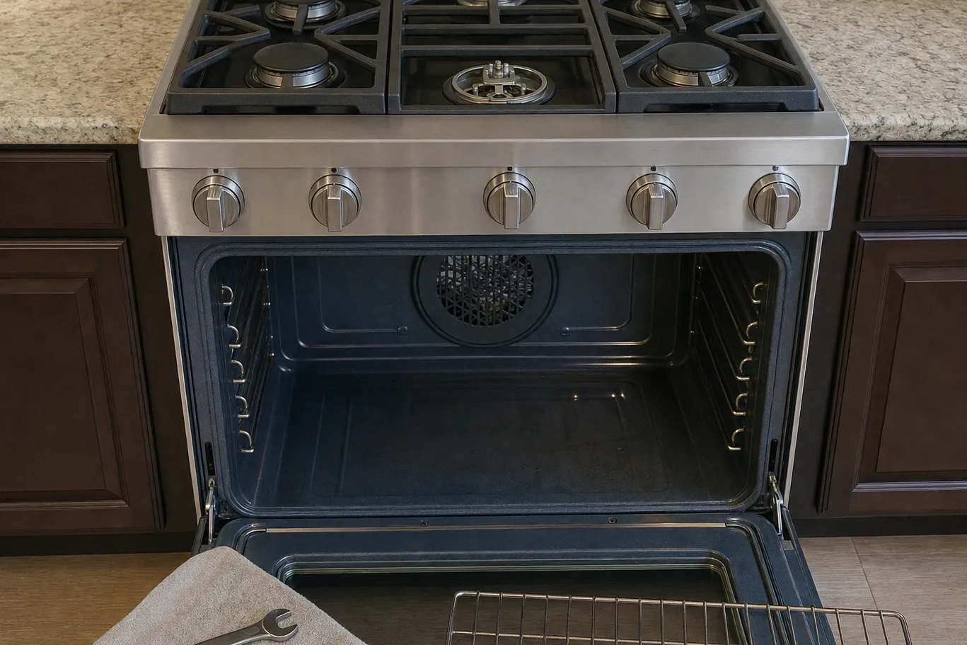 Stainless professional gas range with one burner cap removed and the oven door lowered on an empty cavity, rack and wrench on the floor