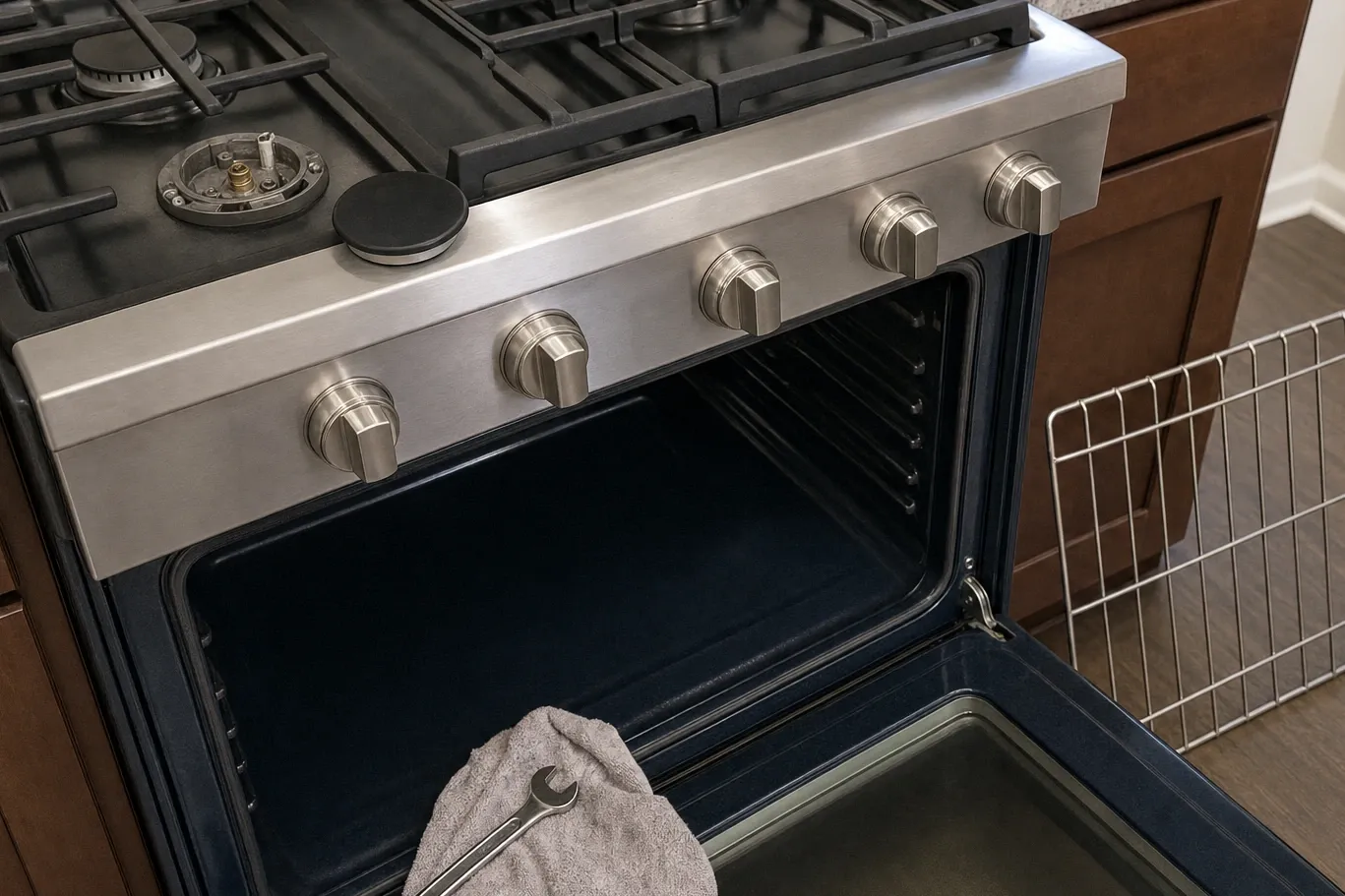 Close view of a stainless range control panel and knobs with one sealed burner uncapped and the oven door open below